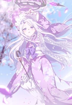 1girl absurdres black_halo blue_archive blush branch cherry_blossoms day halo hat highres hina_(blue_archive) holding holding_branch holding_umbrella japanese_clothes kimono long_hair obi open_mouth outdoors purple_eyes purple_hat purple_kimono ribbon sash solo standing tree umbrella very_long_hair white_hair white_sash white_umbrella youguo_naberu