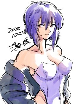 1girl 2025 artist_request breasts cropped_legs curvy dated ghost_in_the_shell ghost_in_the_shell:_stand_alone_complex highres jacket kusanagi_motoko leotard leotard_under_clothes looking_at_viewer medium_breasts open_clothes open_jacket purple_eyes purple_hair revealing_clothes shiny_skin short_hair smile strapless strapless_leotard thighhighs thong_leotard white_background white_leotard wide_hips