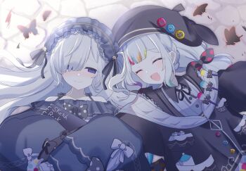 2girls :d beret black_bow black_jacket black_ribbon blue_hairband bow bug butterfly closed_eyes closed_mouth collared_shirt commentary_request dress empty_eyes frilled_dress frills gothic_lolita hair_over_one_eye hairband hat highres holding holding_sketchbook insect jacket jogasaki_noah lolita_fashion lolita_hairband long_hair long_sleeves looking_at_another lying magical_girl mahou_shoujo_no_majo_saiban multi-tied_hair multicolored_hair multiple_girls natsume_an-an neck_ribbon on_back open_mouth paintbrush polka_dot polka_dot_bow purple_eyes red_butterfly ribbon shirt sketchbook sleeves_past_fingers sleeves_past_wrists smile streaked_hair white_hair white_shirt yukino_(yuki_08no)