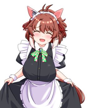 Rule 34 | 1girl, ahoge, animal ears, apron, black dress, blush, bow, breasts, brown hair, closed eyes, commentary request, dantsu flame (umamusume), dress, ear covers, facing viewer, hair between eyes, highres, horse ears, horse girl, horse tail, large breasts, maid, maid apron, maid headdress, multicolored hair, open mouth, renny (seraphyfether), ribbon, short sleeves, simple background, skirt hold, smile, solo, tail, umamusume, white apron, white hair, white headdress, wrist cuffs