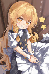 Rule 34 | 1girl, absurdres, aged down, apron, back bow, black dress, blonde hair, bow, braid, buttons, child, couch, double-breasted, dress, from above, hair between eyes, hair bow, hair intakes, hands on own thighs, highres, kirisame marisa, lab2linch, light blush, long hair, looking at viewer, on couch, puffy short sleeves, puffy sleeves, short sleeves, sidelocks, single braid, sitting, smile, star (symbol), tareme, teeth, touhou, v-shaped eyebrows, very long hair, waist apron, white apron, white bow, wrist cuffs, yellow eyes