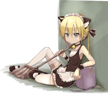 1girl alternate_costume anger_vein animal_ears bell black_footwear black_ribbon blonde_hair blue_eyes cat_ears closed_mouth collarbone enmaided fake_animal_ears hair_ribbon hanabi_(yuruneko0624) highres holding holding_mop kill_me_baby knee_up long_hair looking_at_viewer maid mop neck_bell ribbon sitting solo sonya_(kill_me_baby) thighhighs twintails white_thighhighs