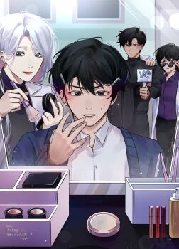 Rule 34 | 2boys, 2girls, absurdres, adjusting eyewear, applying makeup, black eyes, black hair, black shirt, blue cardigan, blush, bob cut, cardigan, coat, collared shirt, commentary, english commentary, eyeshadow, finger to mouth, hair ornament, hairclip, han sooyoung, highres, holding, holding brush, holding makeup brush, holding sign, kim dokja, lee seolhwa, long hair, makeup, makeup brush, multiple boys, multiple girls, omniscient reader&#039;s viewpoint, pov, purple shirt, saihachi06, shirt, short hair, sign, smile, sparkle, sunglasses, sweatdrop, white coat, white hair, white shirt, yoo joonghyuk