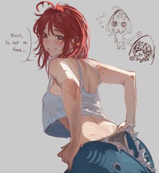 1girl absurdres adjusting_clothes ahoge animal_costume animal_hood artist_self-insert black_panties blue_pajamas blush breasts brown_eyes chibi chibi_inset commentary crop_top crop_top_overhang dimples_of_venus english_commentary english_text fins fish_tail from_behind from_side grey_background hands_on_own_hips highres hood hood_up lace lace-trimmed_panties lace_panties lace_trim looking_back medium_breasts messy_hair ms._tsu naughty_face original pajamas panties parted_lips raised_eyebrows red_hair shark_costume shark_tail shoulder_blades simple_background sketch_inset sleeveless smile solo speech_bubble sweat tail tank_top thong tongue tongue_out underwear undressing upper_body very_sweaty white_tank_top