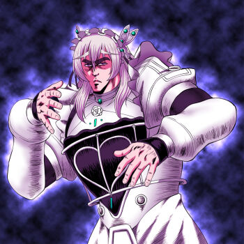 Rule 34 | 1girl, aura, butterfly hair ornament, chaika trabant, dress, female focus, hair ornament, hairband, hara tetsuo (style), hiro yoshinaka, hitsugi no chaika, hokuto no ken, lolita hairband, long hair, manly, muscular, parody, purple eyes, silver hair, solo, style parody, thick eyebrows