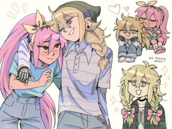 2girls absurdres alternate_costume alternate_hairstyle alternate_universe antenna_hair artist_name aubrey_(faraway)_(omori) aubrey_(omori) basil_(faraway)_(omori) basil_(omori) bike_shorts bike_shorts_under_shorts black_choker black_gloves black_hair black_nails black_shorts blonde_hair blue_eyes blue_pants blue_shorts brushing_another&#039;s_hair brushing_hair choker collarbone collared_shirt denim denim_shorts double-parted_bangs ear_piercing emori_(shrimperini) english_text face_piercing fingerless_gloves genderswap genderswap_(mtf) gloves grey_shirt hair_between_eyes hairband heart highres jeans lip_piercing long_hair long_sleeves low_twintails multicolored_hair multiple_girls omori one_eye_closed pants piercing pink_hair ponytail shirt shorts shrimperini twintails two-tone_hair yellow_hairband