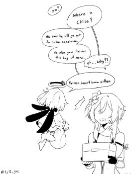 2girls bag bare_shoulders box commentary crown dress english_text fingerless_gloves flower flying from_behind full_body genshin_impact gloves hair_flower hair_ornament highres holding holding_bag holding_box long_hair lumine_(genshin_impact) multiple_girls no_eyes open_mouth paimon_(genshin_impact) short_hair sidelocks simple_background speech_bubble sweatdrop tartaglia_(genshin_impact) twitter_username unholymilk upper_body white_background