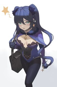 1girl aqua_eyes bag black_bag black_gloves black_pantyhose black_ribbon blue_hair blue_leotard breasts capelet commentary_request cowboy_shot genshin_impact gloves hair_ribbon highres holding holding_bag leotard long_hair looking_at_viewer medium_breasts mona_(genshin_impact) open_mouth oro_(lsg0624) pantyhose parted_bangs purple_capelet ribbon simple_background solo star_(symbol) twintails white_background