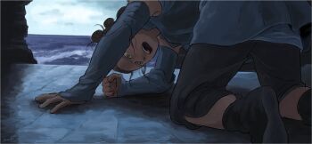 Rule 34 | 1girl, all fours, animification, boots, brown hair, green eyes, matsuri6373, ocean, rey (star wars), signature, spoilers, star wars, star wars: the last jedi, sweat, tired, water