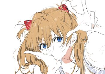 Rule 34 | 1girl, blue eyes, commentary, hair between eyes, head rest, highres, interface headset (evangelion), long hair, needbee r, neon genesis evangelion, orange hair, simple background, solo, souryuu asuka langley, tank top, upper body, white background