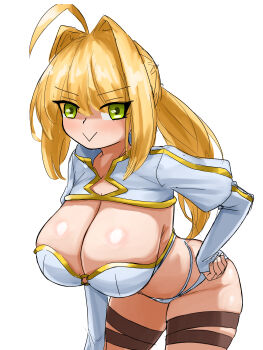 absurdres ahoge bikini blonde_hair blush boudica_(fate) boudica_(fate)_(cosplay) breasts cleavage cosplay fate/grand_order fate_(series) green_eyes hair_intakes hand_on_own_hip highres large_breasts leaning_forward nero_claudius_(fate) o-ring o-ring_bikini ponytail shrug_(clothing) smile steamingtofu swimsuit thigh_strap white_bikini