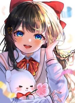 Rule 34 | 1girl, black hair, blue eyes, blush, bow, bowtie, brown sweater vest, collared shirt, commentary request, creature, haedungi (shirayuki hina), hair bow, hair ornament, hand up, haro (1026 86), heart, heart hair ornament, highres, holding, holding creature, korean commentary, long hair, looking at viewer, open mouth, red bow, red bowtie, shirayuki hina, shirt, smile, solo, stellive, sweater vest, upper body, virtual youtuber, white shirt, wing collar
