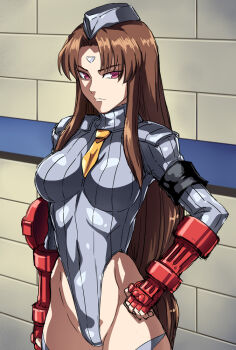 1girl armband bindi bodypaint breasts cammy_white_(cosplay) capcom chun-li commentary_request corruption cosplay cowboy_shot fingerless_gloves garrison_cap gloves grey_leotard hai_(h81908190) hair_down hat highleg highleg_leotard leotard long_hair looking_at_viewer medium_breasts mind_control necktie red_eyes red_gloves ribbed_leotard shadaloo_dolls sidelocks solo street_fighter street_fighter_ii_v street_fighter_zero_(series) thong_leotard turtleneck wide_hips yellow_necktie