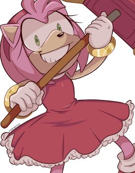 amy_rose bad_tag boots bracelet dress gloves green_eyes grin hammer jewelry legs looking_at_viewer medium_hair petite pink_fur pink_hair pyroboxes red_dress sega smile sonic_(series) teeth toy_hammer