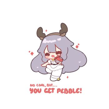 1girl :d ^_^ absurdres animal_ear_hairband animal_ears antlers blush chibi closed_eyes decrilus deer_ears double-parted_bangs dress english_text fake_animal_ears fake_antlers fur-trimmed_dress fur_trim gift googly_eyes hair_flaps hairband highres holding holding_gift holding_rock hololive hololive_english horns incoming_gift koseki_bijou leg_up long_hair open_mouth pebble_(koseki_bijou) red_ribbon reindeer_antlers ribbon rock short_sleeves simple_background smile solo striped_blush very_long_hair white_background white_dress