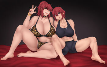 2girls abs aizawa_akemi aizawa_tomo animal_print bare_shoulders barefoot black_choker black_nail_polish black_shorts black_sports_bra bra bracelet breasts cameltoe choker cleavage fang feet female_focus full_body hair_between_eyes highres huge_breasts jewelry leopard_print looking_at_viewer mature_female midriff mother_and_daughter multiple_girls nail_polish navel open_mouth panties ponytail red_eyes red_hair ring short_hair shorts sockinajar sports_bra toenail_polish toenails tomo-chan_wa_onna_no_ko tongue tongue_out underwear