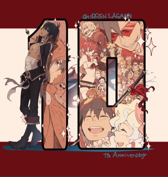 6+boys 6+girls amulet anniversary antispiral_nia bandages black_eyes black_footwear blue_hair blush breasts brown_eyes brown_hair cloak closed_mouth couple curly_hair closed_eyes facial_hair fukui_yukari garlock_simon glasses goggles green_eyes hetero highres hiyama_nobuyuki hood hood_up inoue_marina kakihara_tetsuya kamina_(ttgl) katana kinon_bachika kittan_bachika kiyal_bachika kiyoh_bachika konishi_katsuyuki laughing leeron_littner long_hair looking_at_viewer looking_to_the_side multiple_boys multiple_girls mustache nia_teppelin nipples onosaka_masaya open_mouth orange_hair pants parted_lips ponytail red_eyes red_hair rossiu_adai saiga_mitsuki shorts simon_(ttgl) simple_background smile sword taniyama_kishou teeth tengen_toppa_gurren_lagann umapan viral_(ttgl) weapon white_hair yoko_littner