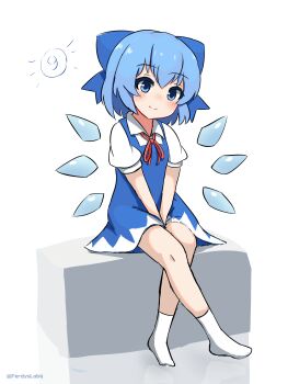 1girl absurdres artist_name blue_bow blue_dress blue_eyes blue_hair blush bow circled_9 cirno closed_mouth commentary dress ferdy&#039;s_lab full_body highres ice ice_wings looking_at_viewer puffy_short_sleeves puffy_sleeves red_ribbon ribbon shirt short_hair short_sleeves simple_background sitting smile socks solo touhou twitter_username white_background white_shirt white_socks wings