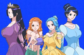 4girls ariel_(disney) ariel_(disney)_(cosplay) arm_tattoo arms_behind_back beauty_and_the_beast_(disney) belle_(disney) belle_(disney)_(cosplay) black_dress black_hair blue_background blue_dress blue_eyes blue_hair blue_hairband boa_hancock cinderella_(disney_character) cinderella_(disney_character)_(cosplay) cinderella_(disney_movie) commentary_request cosplay cowboy_shot crown dress earrings elbow_gloves gloves hair_bun hairband half_updo highres jewelry long_hair looking_at_viewer mermaid monster_girl multiple_girls nami_(one_piece) navel nefertari_vivi nico_robin one_piece orange_eyes orange_hair pearl_earrings portgaspade puffy_sleeves purple_dress rapunzel_(disney) rapunzel_(disney)_(cosplay) rapunzel_(fairy_tale) sidelocks simple_background swept_bangs tattoo the_little_mermaid_(disney) v yellow_dress