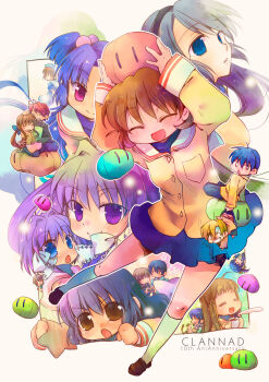 Rule 34 | 00s, 4boys, 6+girls, ahoge, antenna hair, blue eyes, brown hair, cat, clannad, dango daikazoku, drink, everyone, closed eyes, fujibayashi kyou, fujibayashi ryou, furukawa akio, furukawa nagisa, furukawa sanae, hand on head, heart, heart hands, heart hands duo, highres, ibuki fuuko, ibuki kouko, ichinose kotomi, makiemon, miyazawa yukine, multiple boys, multiple girls, okazaki tomoya, okazaki ushio, open mouth, pink eyes, purple eyes, purple hair, sagara misae, sakagami tomoyo, school uniform, siblings, sisters, smile, sunohara mei, sunohara youhei, twins, yoshino yuusuke