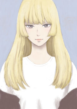 1other blonde_hair blunt_bangs brown_eyes grey_background highres hime_cut long_hair looking_at_viewer muroda_kei official_art okaeri_alice oshimi_shuuzou other_focus portrait shirt simple_background smile solo white_shirt