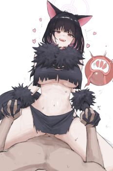 1boy 1girl animal_ears black_claws black_hair black_skirt blue_archive blush breasts cat_ears clothed_female_nude_male clothed_sex colored_inner_animal_ears colored_inner_hair cowgirl_position cross-section cum cum_in_pussy dark-skinned_male dark_skin ejaculation extra_ears fake_claws fake_tail fur-trimmed_gloves fur_scarf fur_trim furrowed_brow girl_on_top gloves halo hetero highres holding_hands interlocked_fingers internal_cumshot kazusa_(blue_archive) kazusa_(halloween)_(blue_archive) large_breasts looking_at_viewer multicolored_hair navel no_panties nude official_alternate_costume open_mouth penis pink_eyes pink_hair pink_halo pov rainbow_goreinu sex short_hair skirt smile solo_focus stomach straddling sweat tail torn_clothes torn_skirt two-tone_hair uncensored underboob uterus vaginal werewolf_costume