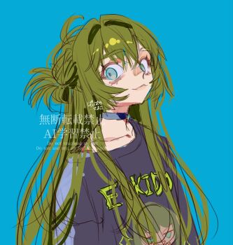 Rule 34 | 1other, ahoge, androgynous, artist name, black choker, black shirt, blue background, blue eyes, character name, character print, choker, closed mouth, clothes writing, collarbone, commentary request, cropped torso, empty eyes, enkidu (fate), eyelashes, fate/grand order, fate/strange fake, fate (series), green hair, hair between eyes, hair bun, highres, kujiraoka, lips, long hair, long sleeves, looking at viewer, other focus, shirt, sidelocks, simple background, smile, solo, upper body, very long hair, watermark, wide-eyed