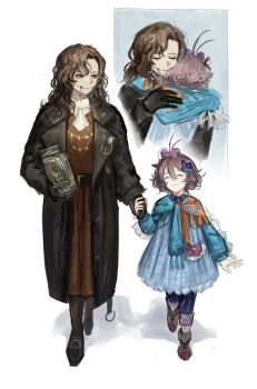 2girls ascot blue_dress braces brown_coat brown_eyes brown_hair character_request closed_eyes closed_mouth coat dress fragrance_(freakyduck9000) hair_ornament highres holding holding_hands holding_jar hug jar jewelry long_hair multiple_girls necklace pink_hair red_dress reverse:1999 scarf smile tooth_fairy_(reverse:1999) tooth_necklace white_ascot white_background