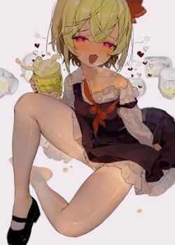 Rule 34 | 1girl, absurdres, beer mug, black shoes, black skirt, black vest, blonde hair, blush, bra strap, collarbone, commentary, cup, drunk, fang, frills, hair ribbon, heart, heart-shaped pupils, highres, holding, holding cup, is that so, legs, looking at viewer, mug, nail polish, open mouth, pantyhose, red eyes, red nails, ribbon, rumia, shirt, shoes, short hair, short sleeves, single bare shoulder, single shoe, sitting, skirt, solo, symbol-shaped pupils, thighs, touhou, vest, white pantyhose, white shirt, ya yuan