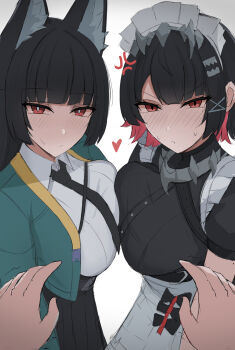 2girls anger_vein animal_ear_fluff animal_ears apron black_hair black_necktie black_skirt blush breast_press breasts colored_inner_hair ellen_joe ellen_joe_(on_campus) heart highres hoshimi_miyabi long_hair looking_at_viewer maid maid_headdress multicolored_hair multiple_girls namikare necktie pov pov_hands red_eyes red_hair shirt skirt symmetrical_docking white_apron white_background white_shirt zenless_zone_zero