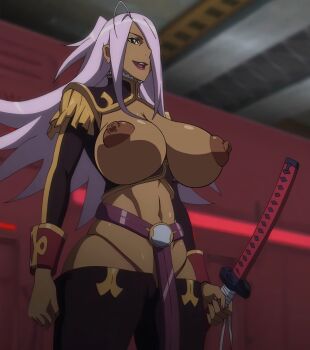 00s 1girl abs breasts cameltoe cleavage curvy dark_skin dragonaut garnet_mclane green_eyes groin highres hip_focus huge_breasts lipstick long_hair looking_at_viewer lowleg makeup midriff monkeyman navel nipples purple_hair shiny_skin skindentation sword thick_thighs thighs third-party_edit thong undersized_clothes v-string weapon whale_tail_(clothing) wide_hips