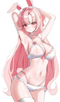 1girl absurdres animal_ears armpits arms_behind_head arms_up bare_arms bare_shoulders bikini bow breasts choker cleavage commission cowboy_shot garter_straps hair_bow highres large_breasts long_hair looking_at_viewer navel original parted_lips pink_hair rabbit_ears rabbit_girl rabbit_tail red_eyes side-tie_bikini_bottom simple_background single_garter_strap single_thighhigh solo stomach strap_gap string_bikini suisen_(suisenhwa) swimsuit tail thighhighs very_long_hair white_background white_bikini white_choker white_thighhighs
