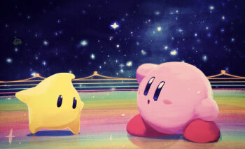 Rule 34 | derivative work, highres, kirby, kirby (series), looking at viewer, luma (mario), mario (series), mario kart, night, nintendo, open mouth, rainbow road, scenery, screenshot redraw, sky, sparkle, star (sky), starry sky, super mario galaxy, super smash bros., surprised, suyasuyabi