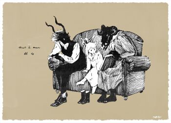 1girl 2boys black_fur body_fur book boots brown_background character_request child couch dress full_body furry furry_male greyscale_with_colored_background holding holding_book horns looking_at_another multiple_boys nagabe on_couch original simple_background sitting vest