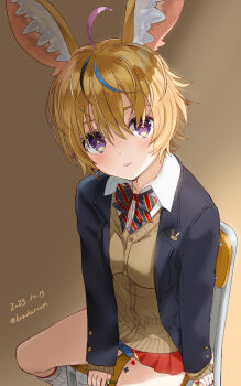 1girl animal_ear_fluff animal_ears blonde_hair blush chair fingernail_polish haruyama_kazunori highres leg_tattoo long_sleeves looking_at_viewer miniskirt open_mouth purple_eyes rabbit_ears rabbit_girl rabbit_pin school_chair short_hair skirt star_(symbol) star_in_eye symbol_in_eye tattoo thigh_gap thighhighs zettai_ryouiki