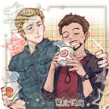Rule 34 | 2boys, avengers (series), bishie sparkle, black-framed eyewear, black jacket, blonde hair, blue eyes, blue shirt, border, breast pocket, bright pupils, brown hair, buttons, closed mouth, collarbone, collared shirt, commentary, commission, cup, english commentary, facial hair, fingernails, green background, hand on another's shoulder, hands up, highres, holding, holding cup, jacket, long sleeves, looking at another, male focus, marvel, multiple boys, open clothes, open jacket, orange-tinted eyewear, outside border, plaid background, pocket, red shirt, shajiang144584, shirt, short hair, sleeves rolled up, smile, star (symbol), steam, steve rogers, sunglasses, t-shirt, teeth, tinted eyewear, tony stark, unworn eyewear, upper body, watch, white border, white pupils, wristwatch