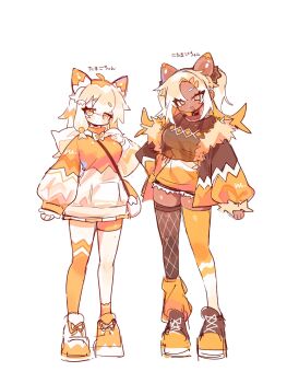 Rule 34 | 2girls, :d, ahoge, animal ears, asymmetrical legwear, blonde hair, blunt bangs, blush, breasts, brown jacket, brown shirt, brown shoes, brown thighhighs, cat ears, cleavage, closed mouth, commentary, dark-skinned female, dark skin, dot nose, fishnet thighhighs, fishnets, full body, fur-trimmed jacket, fur-trimmed sleeves, fur trim, highres, jacket, large breasts, leg warmers, long hair, long sleeves, looking at viewer, miniskirt, mismatched legwear, multicolored jacket, multicolored thighhighs, multiple girls, open clothes, open jacket, open mouth, orange jacket, orange leg warmers, orange shoes, orange skirt, orange thighhighs, original, parted bangs, see-through clothes, see-through shirt, shirt, shoes, simple background, single leg warmer, skirt, smile, sneakers, standing, thick eyebrows, thighhighs, two-tone thighhighs, uenomigi, untranslatable commentary, white background, white thighhighs, yellow eyes, zettai ryouiki