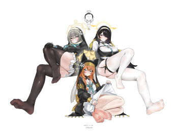 3girls absurdres barefoot black_hair blue_archive blue_eyes blush feet garter_straps grey_hair hair_over_one_eye highres hinata_(blue_archive) long_hair looking_at_viewer mari_(blue_archive) multiple_girls nun orange_hair red_eyes sakurako_(blue_archive) see-through_clothes see-through_legwear shangdi_de_fa_zhang smile soles thighhighs toes white_thighhighs