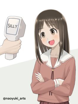 1girl 1other :d artist_name azumanga_daioh&#039;s_school_uniform azumanga_daiou blush brown_eyes brown_hair cat_detector_(meme) collarbone commentary crossed_arms disembodied_hand english_commentary english_text grey_background head_tilt highres holding holding_thermometer infrared_thermometer kasuga_ayumu light_blush long_sleeves looking_at_object medium_hair meme naoyuki_arts neck_ribbon nose_bubble open_mouth parted_bangs pink_ribbon pink_serafuku pink_shirt pink_skirt pleated_skirt pov pov_hands ribbon sailor_collar school_uniform serafuku shirt sick skirt smile snot solo_focus thermometer twitter_username two-tone_background upper_body white_background white_sailor_collar winter_uniform