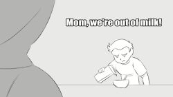 1boy 1girl age_difference animated bouncing_breasts bowl breast_rest breasts breasts_on_table cleavage covered_erect_nipples drink_carton english_text eyelashes frown glassfish huge_breasts lineart milk milk_carton milking_invitation monochrome mother_and_son shirt short_hair short_sleeves shota tagme video