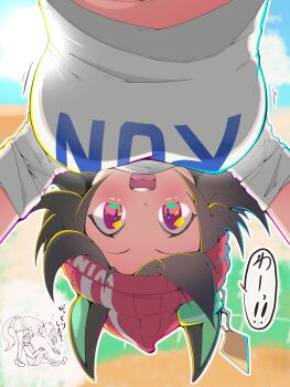 1boy 1girl absurdres animal_ears bandaid bandaid_on_cheek bandaid_on_face beanie black_hair commentary_request ear_ornament hair_between_eyes hat highres horse_ears horse_girl horse_tail kinunezu_(taishin_315) open_mouth red_eyes shirt short_hair smile t-head_trainer_(umamusume) t-shirt tail trainer_(umamusume) translation_request umamusume upside-down winning_ticket_(umamusume)