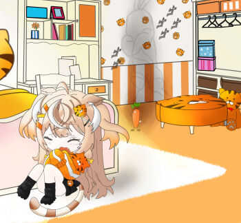 1girl absurdres ahoge animal_ears bedroom blonde_hair chibi chromashift closed_eyes didier3.00 fang hair_ornament highres hugging_doll hugging_object long_hair on_floor scared shabel_tonya stuffed_animal stuffed_toy tail tiger_girl tiger_tail virtual_youtuber