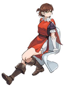 Rule 34 | 1girl, absurdres, bloomers, boots, brown boots, brown hair, cancanbaobao55, capelet, double-parted bangs, full body, gloves, green eyes, hair between eyes, highres, melisandre (unicorn overlord), mixed-language commentary, puffy sleeves, red capelet, red tabard, short hair, short sleeves, short twintails, shorts, simple background, sitting, solo, tabard, twintails, underwear, unicorn overlord, white background, white bloomers, white gloves, white shorts