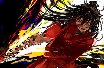 1boy absurdres black_hair blood bone chinese_clothes chinese_commentary dao_gui_yi_xian faux_traditional_media fighting_stance floating_hair glowing glowing_weapon grin hair_between_eyes hair_bun hanfu highres holding holding_bone holding_sword holding_weapon hydrogenbonding implied_yaoi ink_wash_painting li_huowang long_hair long_sleeves looking_at_viewer male_focus red_eyes red_hanfu single_hair_bun smile solo spine spine_sword sword teeth weapon