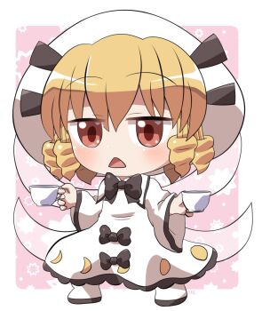 1girl black_bow black_bowtie blonde_hair blush border bow bowtie chestnut_mouth chibi chibi_only commentary_request cup dress dress_bow drill_hair fairy_wings frilled_dress frills full_body hat highres holding holding_cup long_sleeves looking_at_viewer luna_child open_mouth outside_border pink_background red_eyes rokugou_daisuke shoes short_hair signature solo standing touhou white_border white_dress white_hat white_shoes wide_sleeves wings