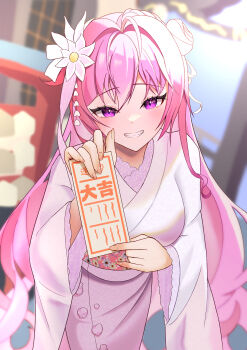 1girl absurdres alternate_costume antenna_hair braid day dorothy_(nikke) ema floral_print flower furisode goddess_of_victory:_nikke grin hair_bun hair_flower hair_ornament highres holding holding_omikuji japanese_clothes kanzashi kimono long_hair looking_at_viewer merry_051922 obi omikuji outdoors pink_hair pink_kimono print_sash purple_eyes sash shrine single_side_bun smile solo upper_body very_long_hair white_flower wide_sleeves