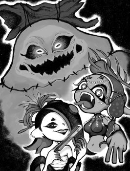 1boy 2girls alternate_costume big_man_(splatoon) big_man_(splatoween)_(splatoon) black_hair breasts capelet chest_sarashi crop_top eyeshadow fangs flower folding_fan frye_(splatoon) frye_(splatoween)_(splatoon) ghost_costume greyscale grin hair_flower hair_ornament halloween_costume hand_fan highres large_breasts lipstick looking_at_viewer makeup monochrome multiple_girls navel nintendo open_mouth paper_fan pointy_ears sarashi shiver_(splatoon) shiver_(splatoween)_(splatoon) smile spider_lily splatoon_(series) splatoon_3 tentacle_hair tongue tongue_out turtleneck