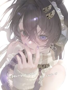 Rule 34 | 1girl, aegyo sal, brown eyes, brown hair, eyelashes, fingernails, frills, hair between eyes, hair ornament, happy birthday, heterochromia, highres, lips, long hair, looking at viewer, nail polish, original, parted bangs, purple eyes, purple nails, sidelocks, solo, upper body, white background, yikou yizhi