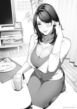 1girl adjusting_hair artist_name blush breasts bright_pupils cake cleavage clock closed_mouth commentary controller cup curtains fingernails food fork full_body game_console game_controller glass greyscale hand_up highres holding holding_cup indoors jacket jewelry large_breasts lips living_room long_fingernails looking_at_viewer mature_female medium_hair medium_skirt monochrome original plant plate ring sakura_no_tomoru_hi_e seiza shirt sitting skirt smile solo swept_bangs table tray tucking_hair twitter_username wedding_ring white_pupils wooden_floor
