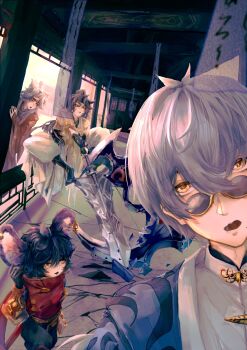 2boys 2girls animal_ear_piercing animal_ears antenna_hair baggy_pants black_boots black_hair black_hanfu black_horns boots character_request chinese_clothes commentary_request conan0kid crack cracked_floor crossed_bangs crossover day debris forever_bond_(infinity_nikki) fox_ears full_body grey_hair hair_between_eyes hanfu holding holding_sword holding_weapon horns huge_weapon indoors infinity_nikki jianxia_qingyuan_(series) jianxia_qingyuan_online_3 long_hair loose_hair_strand mouse_ears multiple_boys multiple_girls nikki_(series) open_mouth pants pink_hair ponytail punishing:_gray_raven red_scarf round_eyewear scarf short_hair single_horn smile sunglasses surprised sword thick_eyebrows v-shaped_eyebrows wangzhe_rongyao wanshi_(pgr) weapon white_pants yellow-framed_eyewear yellow_hanfu zang_jiang